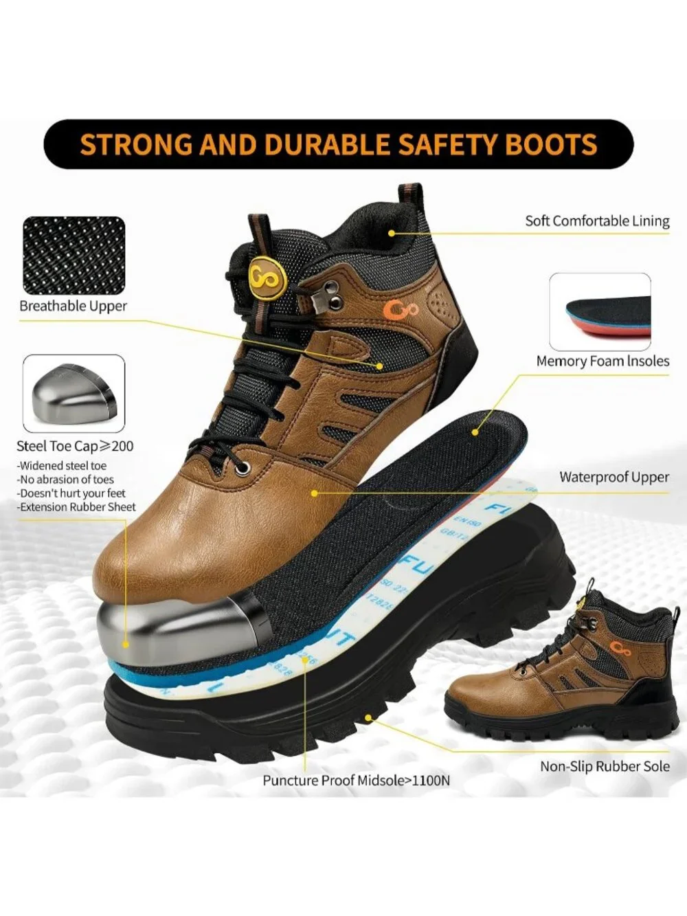 Men's Brown Waterproof Shoes Solid High Top Steel Toe Outdoor Hiking Boots